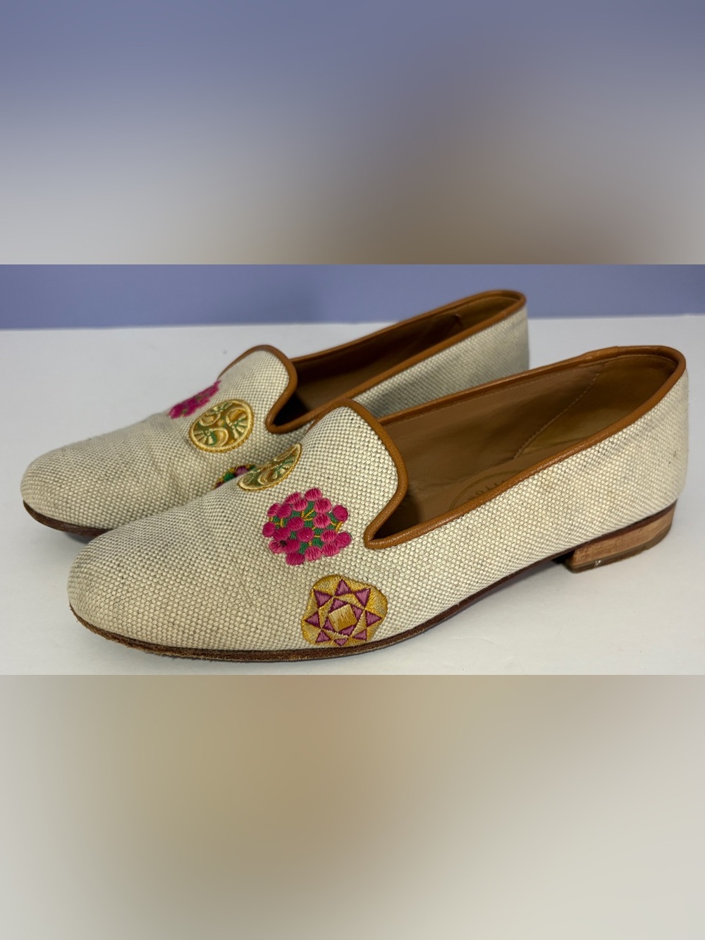 Stubbs & Wootton Palm Beach Linen Embroidered Loafers Size 8